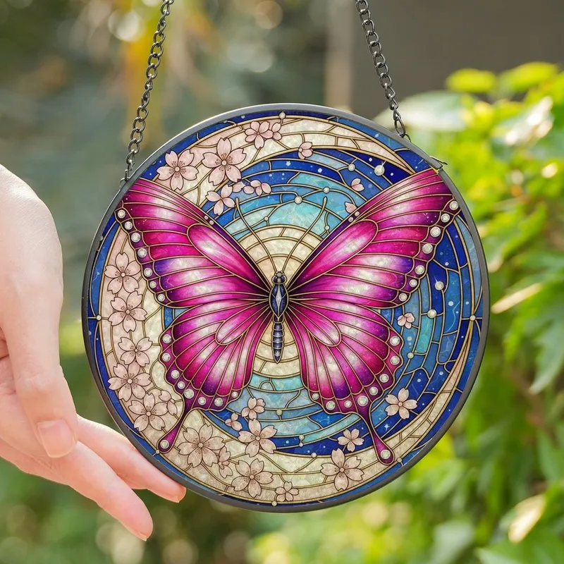 Nature Lovers' Tiffany Stained Glass Butterfly Moon Pink Fuchsia Blue Crystal Mosaic Stained Glass Suncatcher - 1