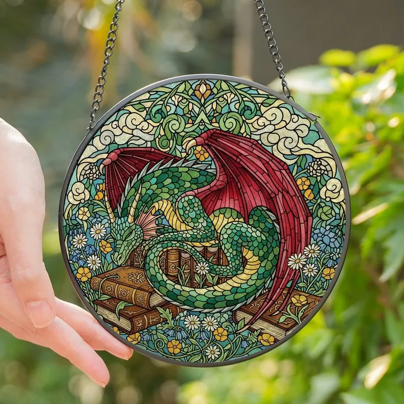 Fantasy Lovers' Intricate Tiffany Stained Glass Dragon Surrounded by Ornate Books, Wildflowers & Jewel Tone Mosaic Stained Glass Suncatcher - 1