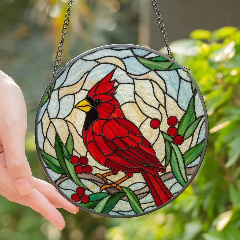Nature Art Lovers' Tiffany Stained Glass Cardinal Bird Mosaic Deep Red Berries Jewel Tone Ethereal Sky Stained Glass Suncatcher - E7pe3rKdbM