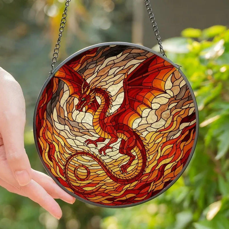 Fantasy Art Lovers' Majestic Dragon Stained Glass Fiery Jewel Tone Mosaic Stained Glass Suncatcher - 1