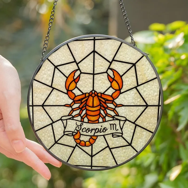 Scorpio Individuals' Vibrant Orange Stained Glass Zodiac Scorpion Mosaic, Milky Cream Ivory Tiffany Style Art Stained Glass Suncatcher - 1