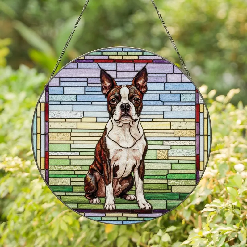 Boston Terrier Lovers' Intricate Tiffany Stained Glass Boston Terrier Dog Mosaic Brindle White Lavender Blue Green Stained Glass Suncatcher - _6PmnqNS64