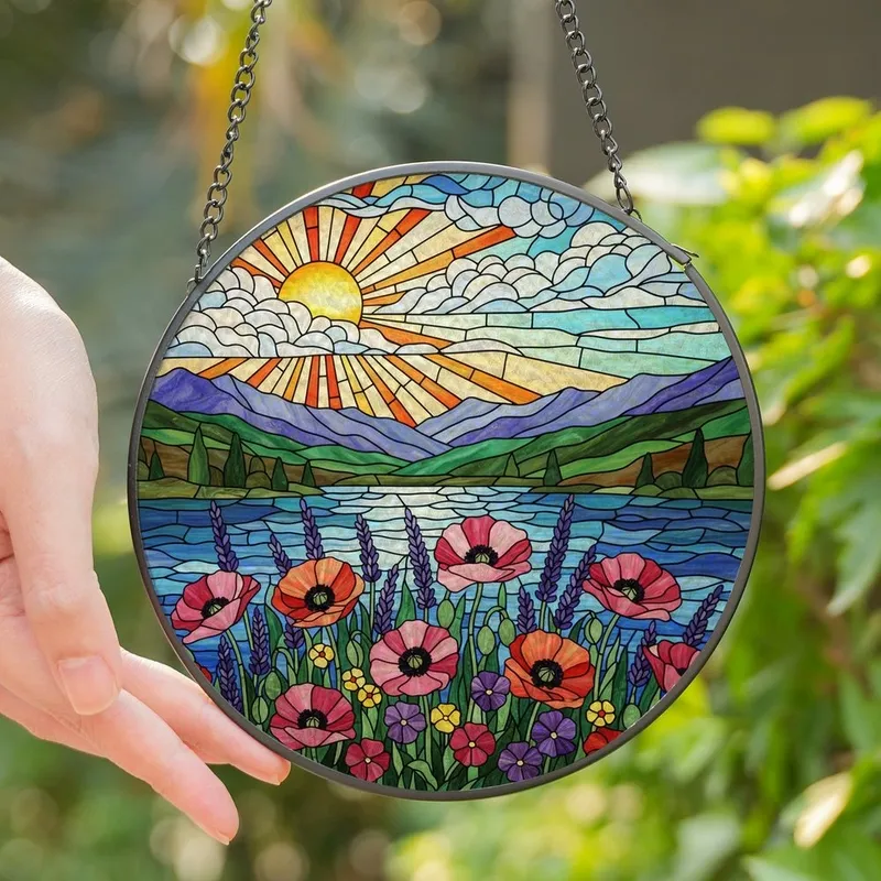 Nature Lovers' Tiffany Stained Glass Wildflower Field Pink Poppies Purple Lavender Mountain Lake Mosaic Stained Glass Suncatcher - 1