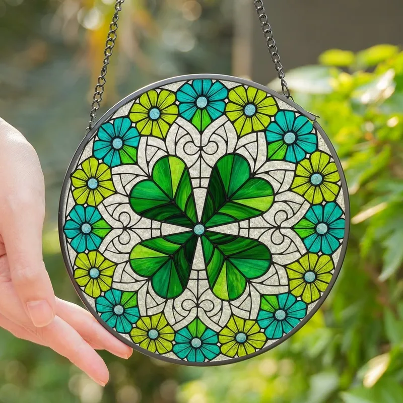 Art Lovers' Stained Glass Four-Leaf Clover Emerald Teal Filigree Floral Mosaic Jewel Tones Stained Glass Suncatcher - HzNacaj7Wk