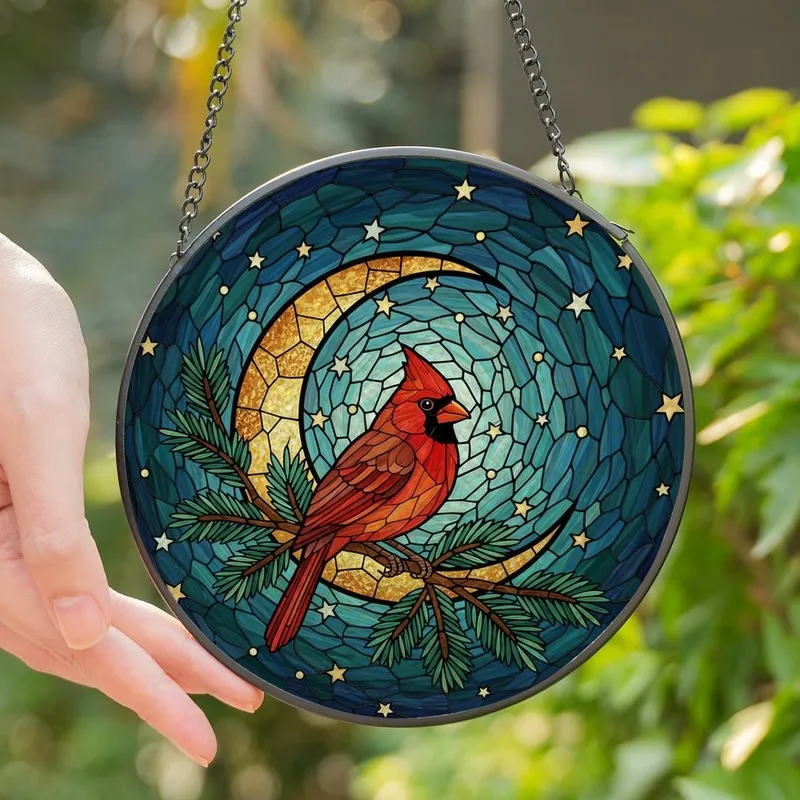 Nature Lovers' Vibrant Red Cardinal Pine Branch Tiffany Stained Glass Mosaic Celestial Crescent Moon Jewel Tones Stained Glass Suncatcher - tGlJk4Al3e