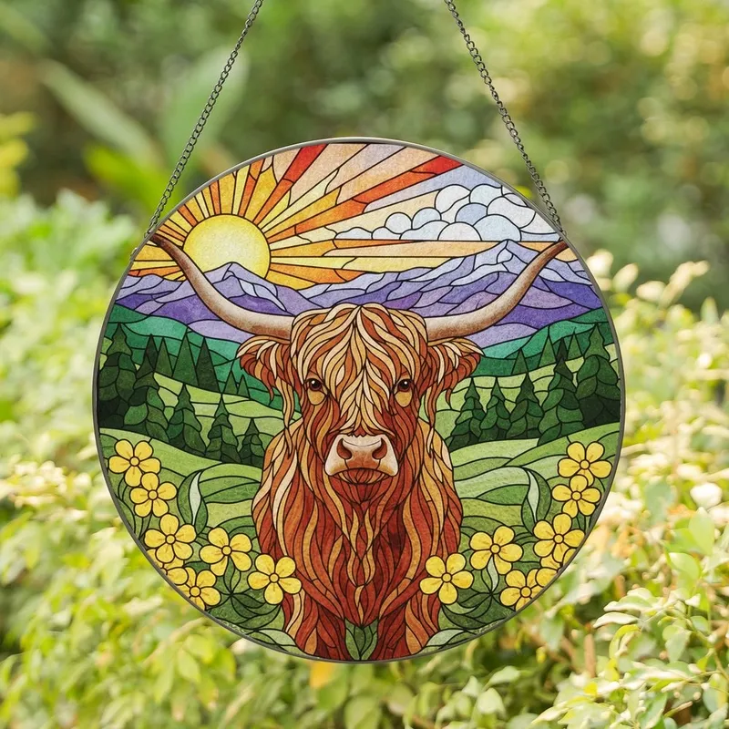 Nature Lovers' Tiffany Stained Glass Highland Cow Portrait Mountain Sunset Mosaic Stained Glass Suncatcher - 1