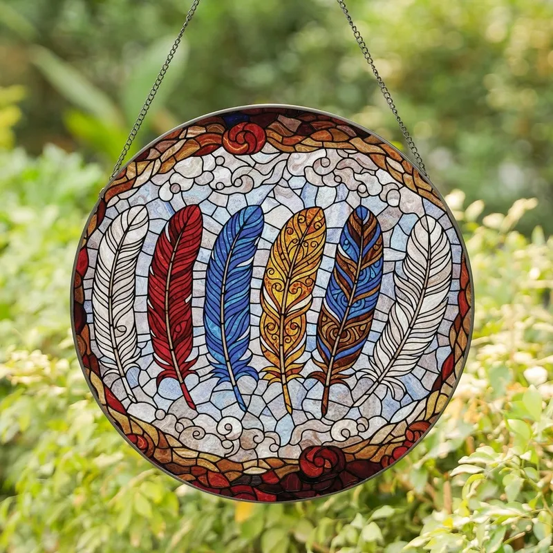 Nature Inspired Tiffany Stained Glass Seven Feather Art, Ruby Red Sapphire Blue Amber Mosaic Stained Glass Suncatcher - wwddXT7Eo7