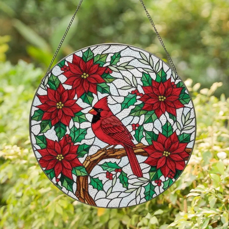 Nature & Art Lovers' Vibrant Red Cardinal Tiffany Stained Glass Poinsettia Holly Mosaic Stained Glass Suncatcher - f2Tqh6qT0Z