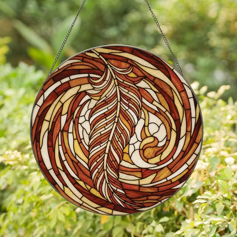 Art & Nature Lovers' Intricate Stained Glass Feather Mosaic Sienna Amber Swirls Stained Glass Suncatcher - uUEpPyK6ua