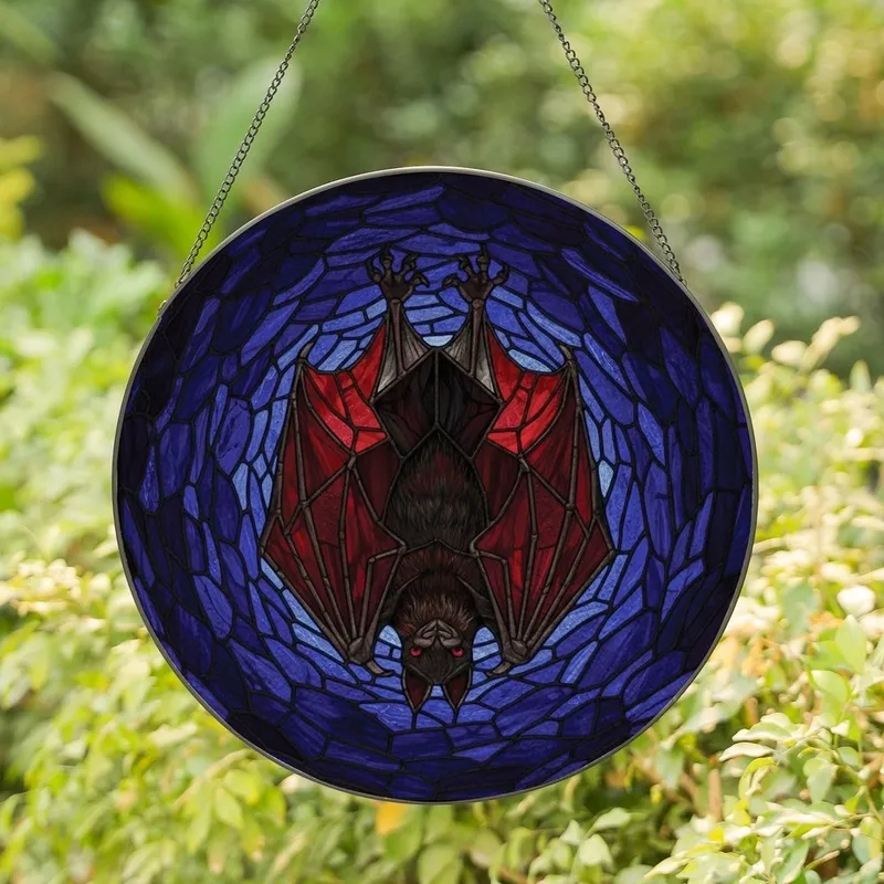 Gothic Art Admirers' Tiffany Style Bat Ruby Red Indigo Swirl Stained Glass Art Stained Glass Suncatcher - 1