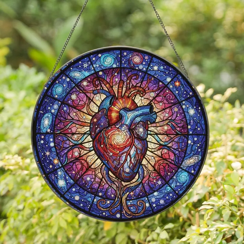Art Lovers' Stained Glass Cosmic Heart Nebula Stars Galaxy Mosaic Jewel Tone Blue Red Gold Violet Stained Glass Suncatcher - hM0jJ_sgFo