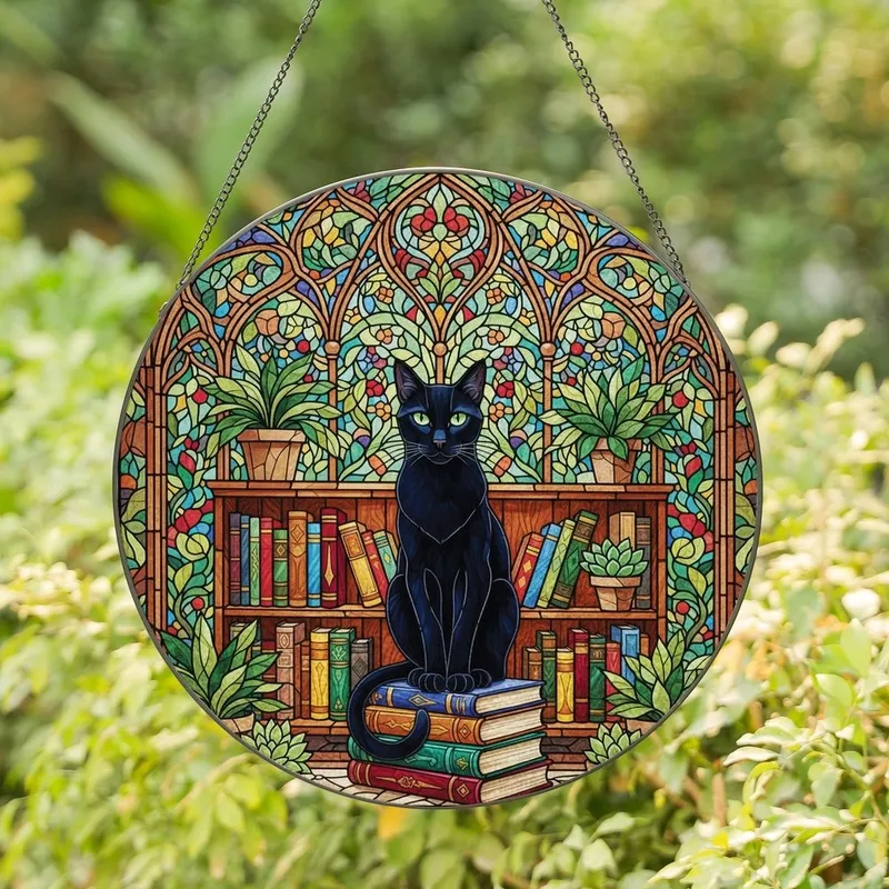 Cat Lovers' Tiffany Stained Glass Black Cat Bookshelf Vibrant Jewel Tones Floral Mosaic Design Stained Glass Suncatcher - 1