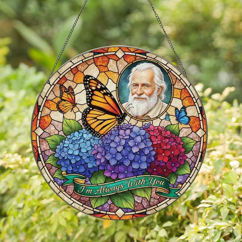 Nature & Family Art Lovers Vibrant Tiffany Glass Monarch Butterfly Hydrangea Mosaic Grandfather Portrait 'Always With You' Script Stained Glass Suncatcher - 1