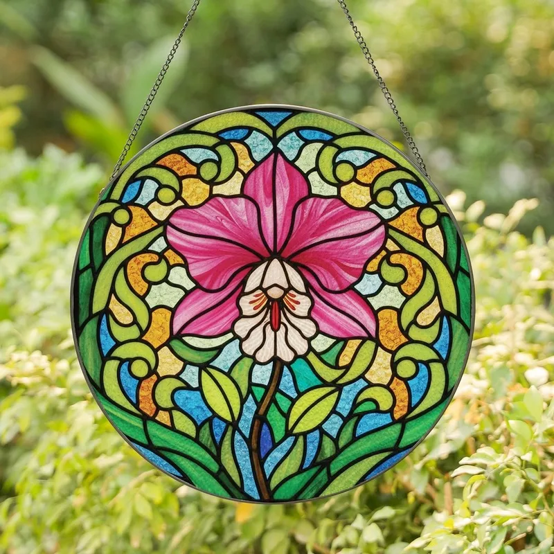 Nature Lovers' Tiffany Style Orchid Flower Deep Rose Pink Chartreuse Green Mosaic Art Stained Glass Suncatcher - 1