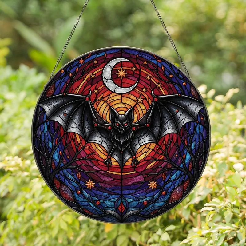 Mystical Art Lovers' Tiffany Stained Glass Bat Fiery Red Black Silver Nocturnal Sky Mosaic Pattern Stained Glass Suncatcher - 1