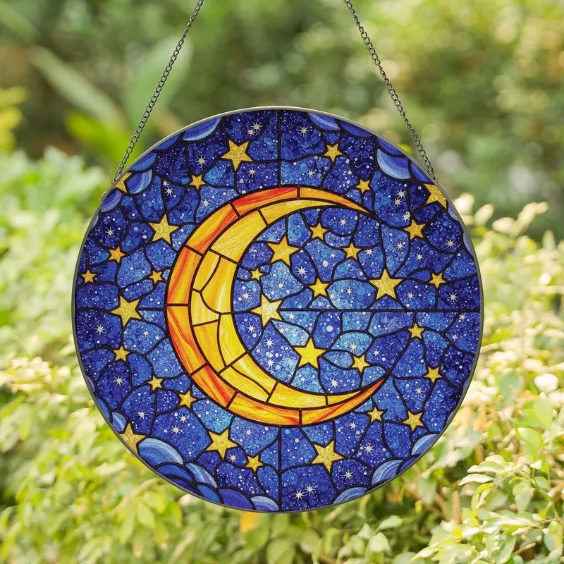 Celestial Dreamers' Tiffany Style Stained Glass Crescent Moon Night Sky Art with Golden Yellow Stars & Blue Purple Clouds Stained Glass Suncatcher - 1