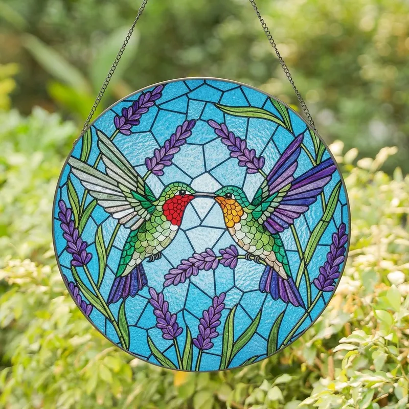 Nature Lovers' Vibrant Stained Glass Hummingbird Embrace, Ruby Emerald Orange Purple Jewel Tones, Lavender & Mosaic Sky Art Stained Glass Suncatcher - 1