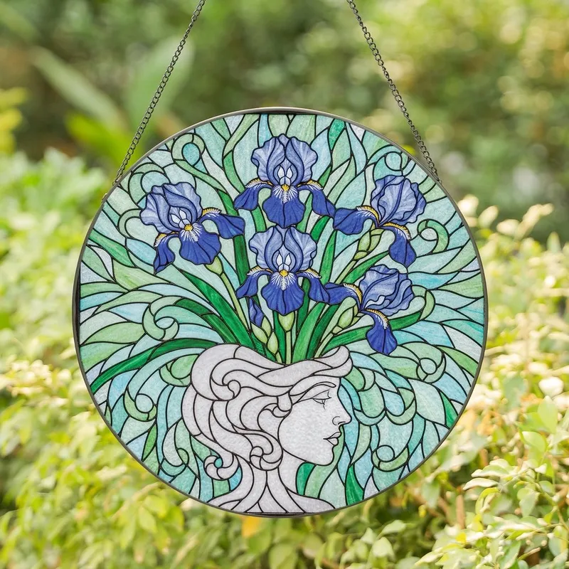 Art Lovers' 8K Tiffany Stained Glass Vibrant Blue Iris Flowers Abstract Face Vase Emerald Green Swirls Stained Glass Suncatcher - EHZ8LUNDMh