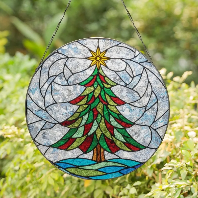 Art Lovers' Tiffany Style Stained Glass Christmas Tree Red Green Blue Yellow Intricate Mosaic Stained Glass Suncatcher - fdVv23qqVj
