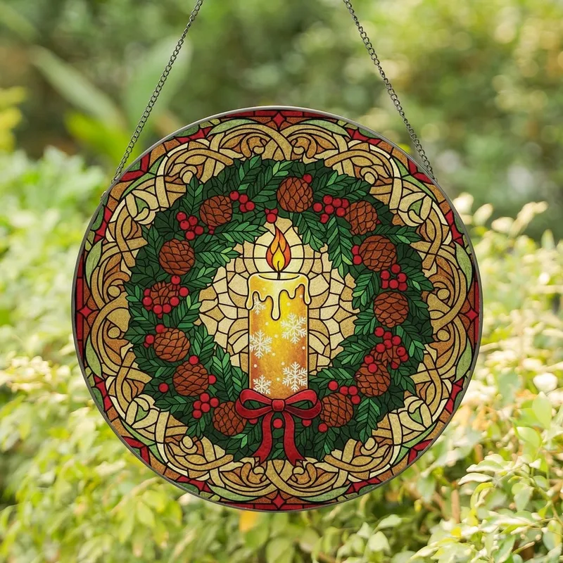 Holiday Decorators' Tiffany Style Stained Glass Golden Candle, Snowflake & Berry Wreath Mosaic Stained Glass Suncatcher - 1
