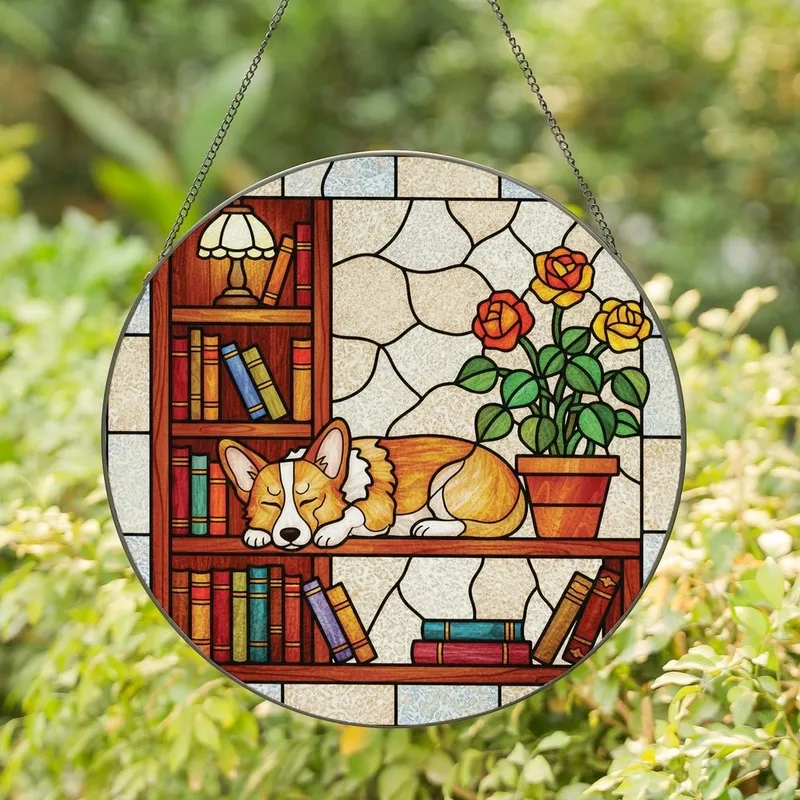 Corgi Lovers' Stained Glass Sleeping Corgi Bookshelf Roses Tiffany Style Jewel Tones Mosaic Stained Glass Suncatcher - YE3U1F30l6