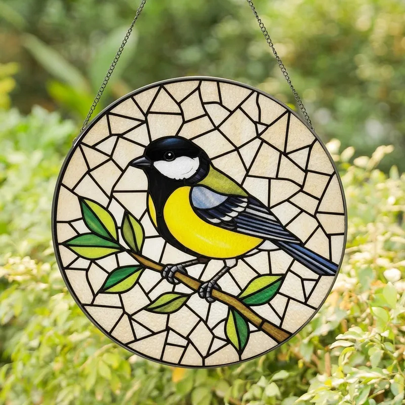 Nature Lovers' Detailed Tiffany Stained Glass Great Tit Bird Yellow Black Green Mosaic Stained Glass Suncatcher - 1