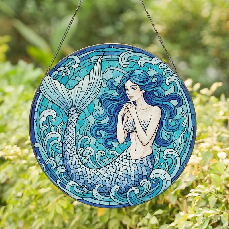Mermaid Lovers' Tiffany Stained Glass Aqua Blue Ocean Mosaic with Intricate Mermaid Art Stained Glass Suncatcher - 1