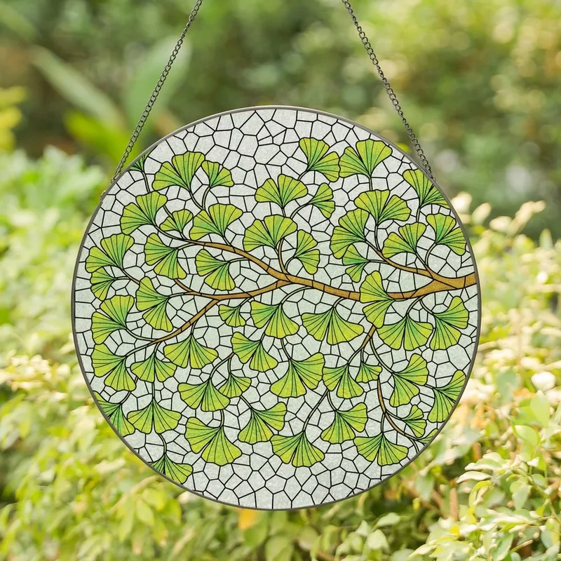 Art Lovers' Glowing Edge-to-Edge Stained Glass Ginkgo Leaf Mosaic Emerald Green Yellow Teal Stained Glass Suncatcher - 1
