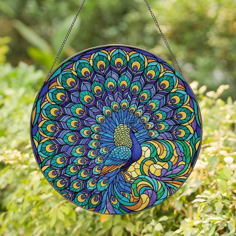 Art Lovers' Majestic Peacock Tiffany Stained Glass Royal Blue Emerald Green Mosaic Stained Glass Suncatcher - HxtBoDqng0