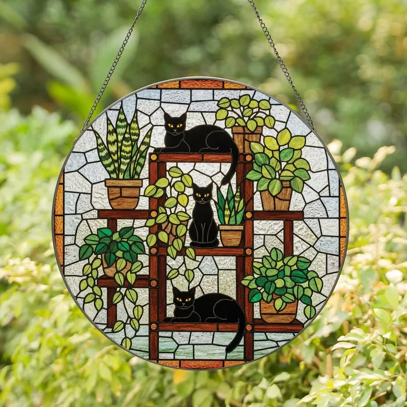 Cat & Plant Enthusiasts' Intricate Tiffany Style Stained Glass Black Cats & Houseplants Mosaic Stained Glass Suncatcher - 1