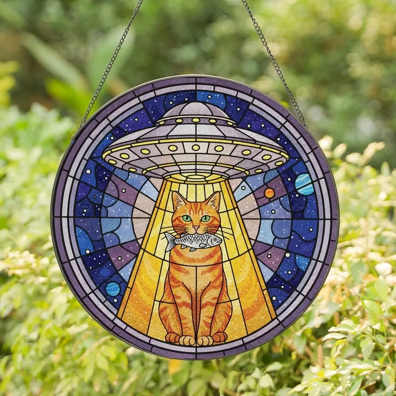 Cat & Sci-Fi Enthusiasts' Vibrant Tiffany Stained Glass Orange Tabby UFO Cosmic Art Stained Glass Suncatcher - 1