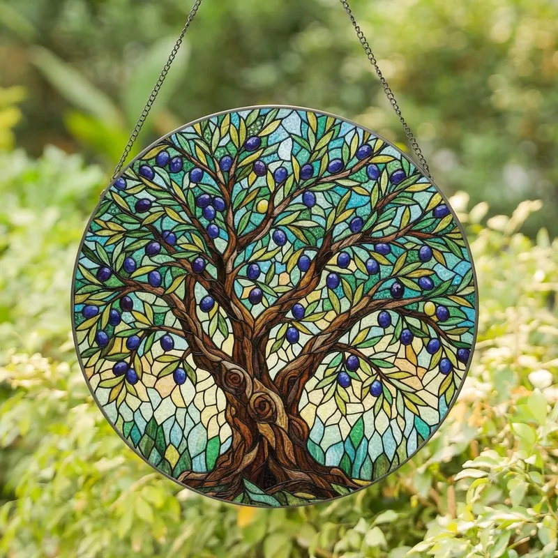 Art Lovers' Tiffany Style Jewel Tone Stained Glass Olive Tree Emerald Blue Yellow Mosaic Design Stained Glass Suncatcher - 1