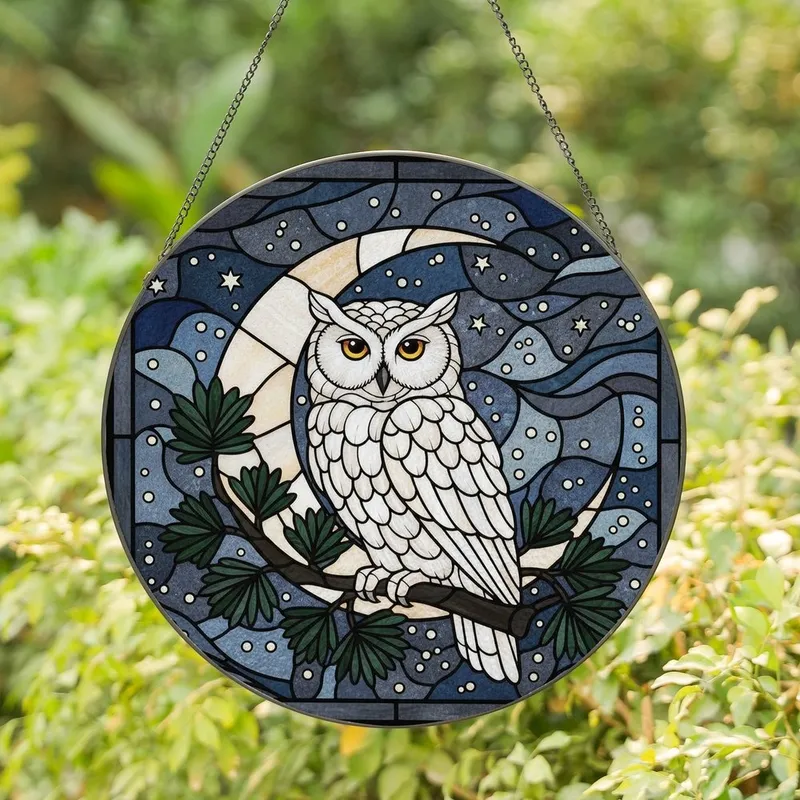 Celestial Art Fans' Tiffany Style Stained Glass White Owl Amber Moon Blue Night Sky Intricate Mosaic Stained Glass Suncatcher - 1