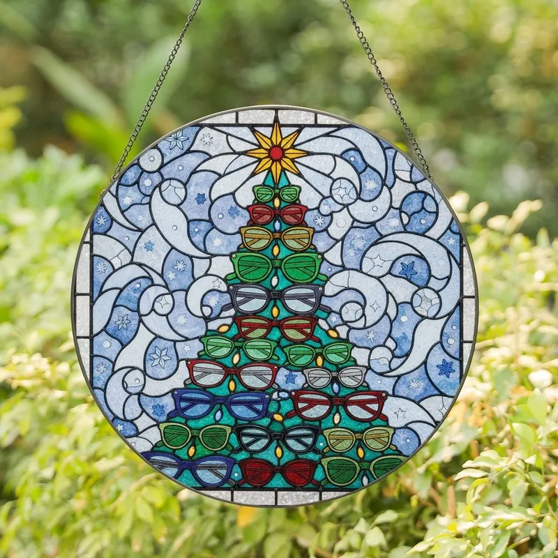 Holiday Celebrators' Ruby Emerald Sapphire Stained Glass Eyeglass Christmas Tree Frosted Mosaic Stained Glass Suncatcher - 1