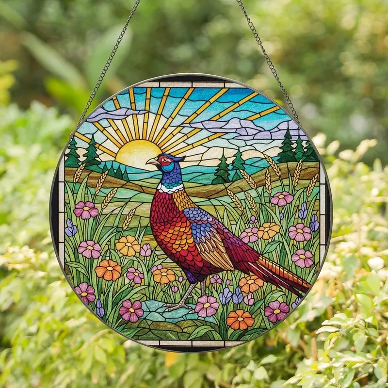 Wildlife Admirers' Tiffany Style Stained Glass Pheasant Jewel Tone Meadow Mosaic Stained Glass Suncatcher - HwboITfoJD