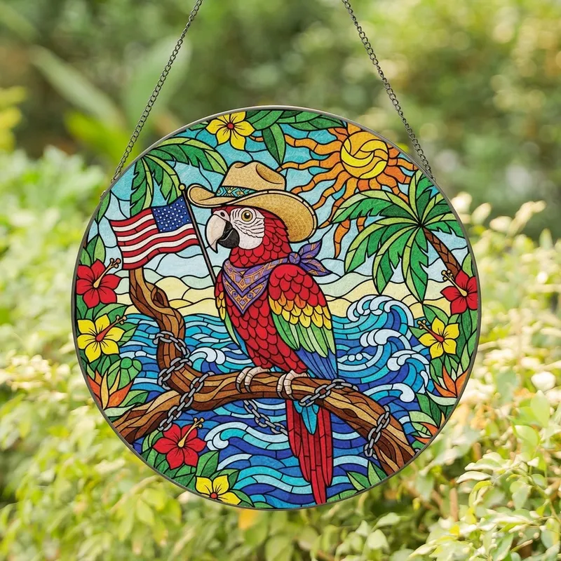Tropical Bird Lovers' Vibrant Tiffany Stained Glass Parrot Cowboy Hat American Flag Emerald Sapphire Ruby Amber Mosaic Stained Glass Suncatcher - nVvK4D3UaF
