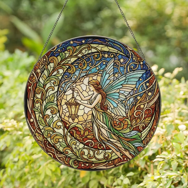 Fantasy Art Lovers' Tiffany Style Stained Glass Fairy Celestial Mosaic Gleaming Jewel Tones Intricate Vines Stained Glass Suncatcher - 1