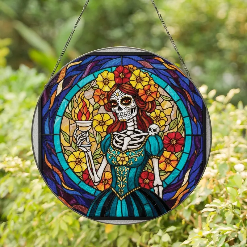 Art Lovers' Intricate Tiffany Stained Glass Catrina Skull Woman with Radiant Marigold Flowers, Teal, Gold, Deep Jewel Tones Stained Glass Suncatcher - 1