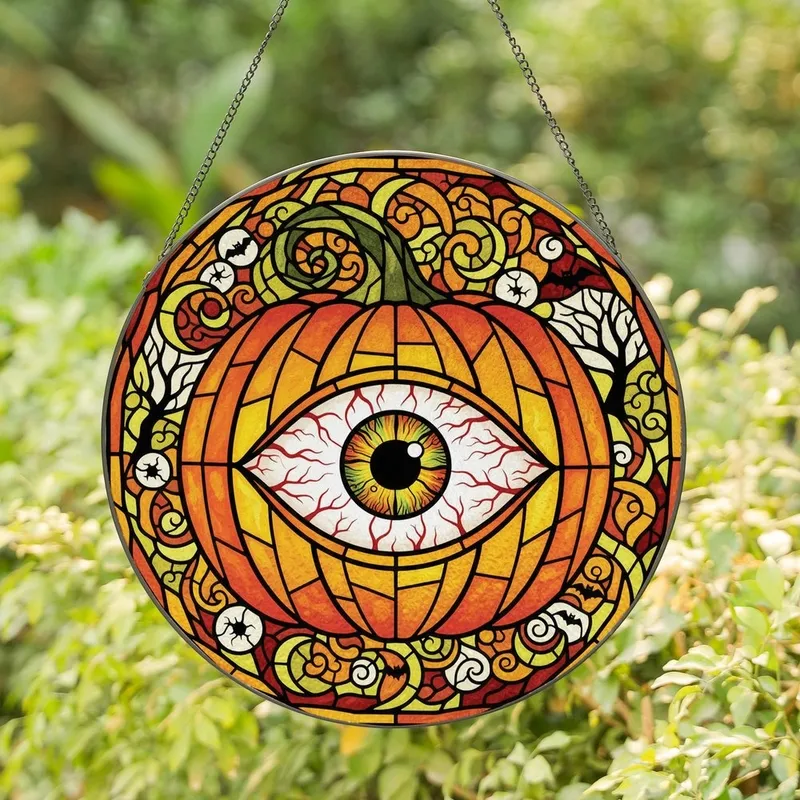 Halloween Enthusiasts' Tiffany Stained Glass Eyeball Pumpkin Bloodshot Jewel Tone Art Stained Glass Suncatcher - 1