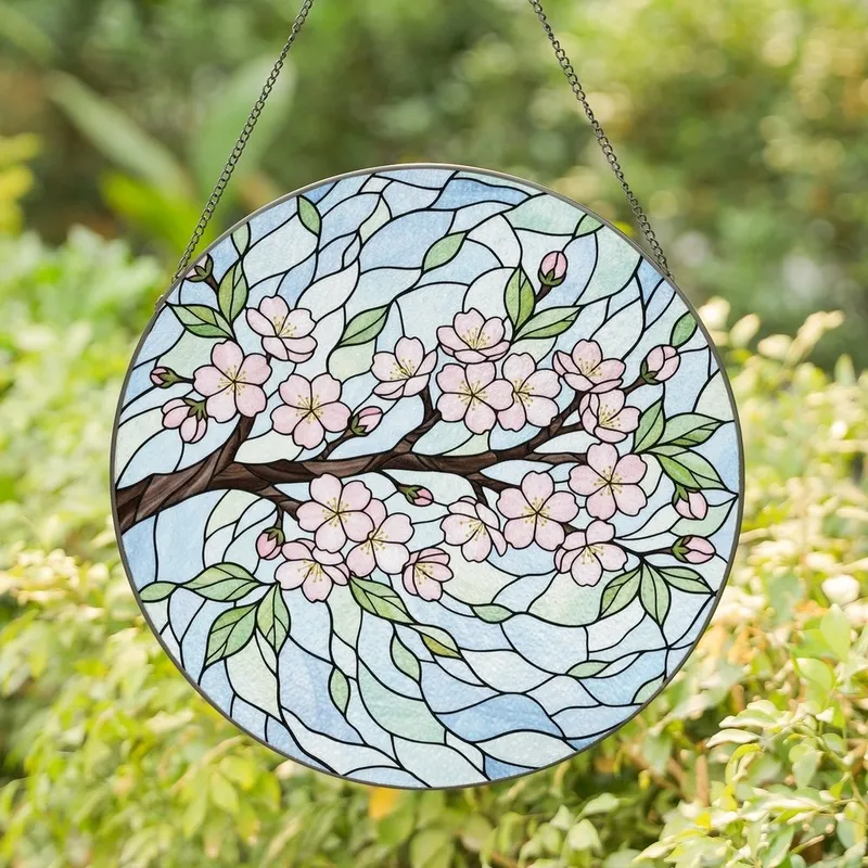 Nature Lovers' Tiffany Stained Glass Cherry Blossom Pink White Flowers Green Leaves Blue Swirling Mosaic Stained Glass Suncatcher - 1