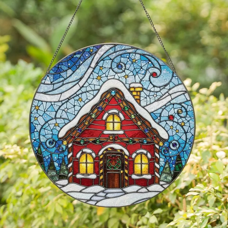 Holiday Lovers' Tiffany Style Stained Glass Gingerbread House Ruby Red Pearl White Golden Yellow Winter Night Mosaic Stained Glass Suncatcher - 1