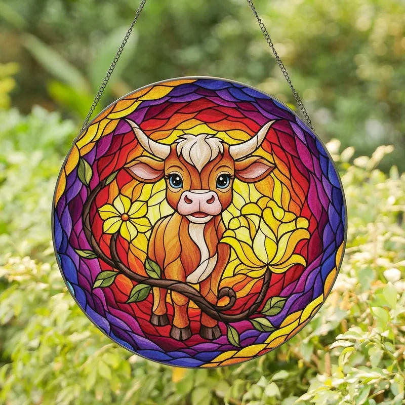 Southwestern Style Fans' Whimsical Stained Glass Baby Longhorn Calf Vibrant Floral Mosaic Stained Glass Suncatcher - 1