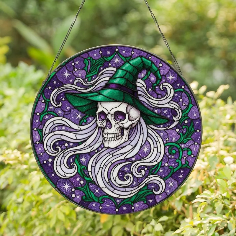 Fantasy Art Lovers Tiffany Style Stained Glass Skeleton Skull Witch Hat Emerald Amethyst Black Edge-to-Edge Pattern Stained Glass Suncatcher - 1