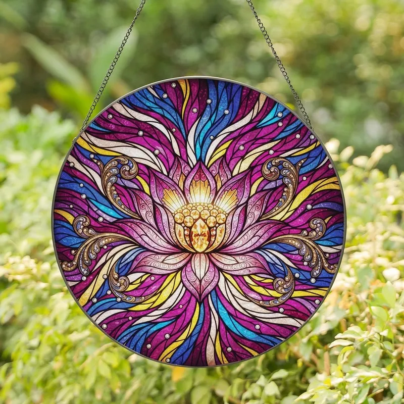 Art Lovers' Edge-to-Edge Tiffany Stained Glass Lotus Magenta Sapphire Gold Amethyst Celestial Mosaic Stained Glass Suncatcher - K64YvAAmNP