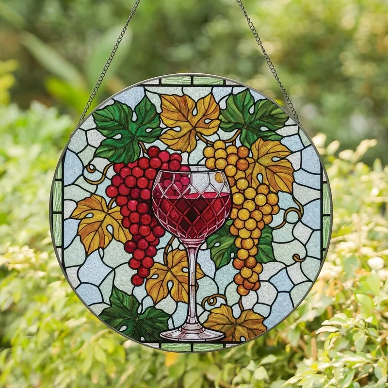 Wine Lover's Stained Glass Ruby Red Wine Glass & Golden Grapes Tiffany Mosaic Stained Glass Suncatcher - IY4uAel2Sc