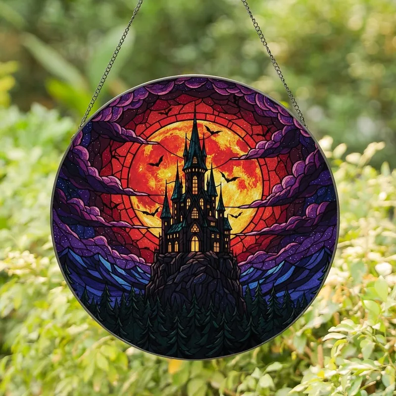 Fantasy Art Enthusiasts' Dramatic Gothic Castle Stained Glass Fiery Moon Bats Design Stained Glass Suncatcher - 1