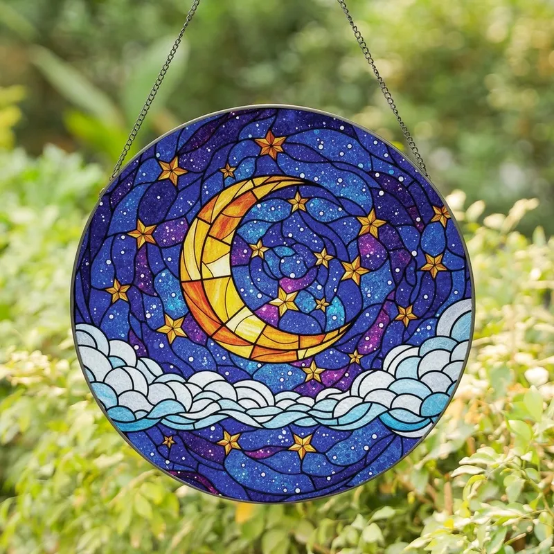 Celestial Art Lovers' Vibrant Tiffany Stained Glass Golden Moon Starry Night Sky Mosaic Stained Glass Suncatcher - 1