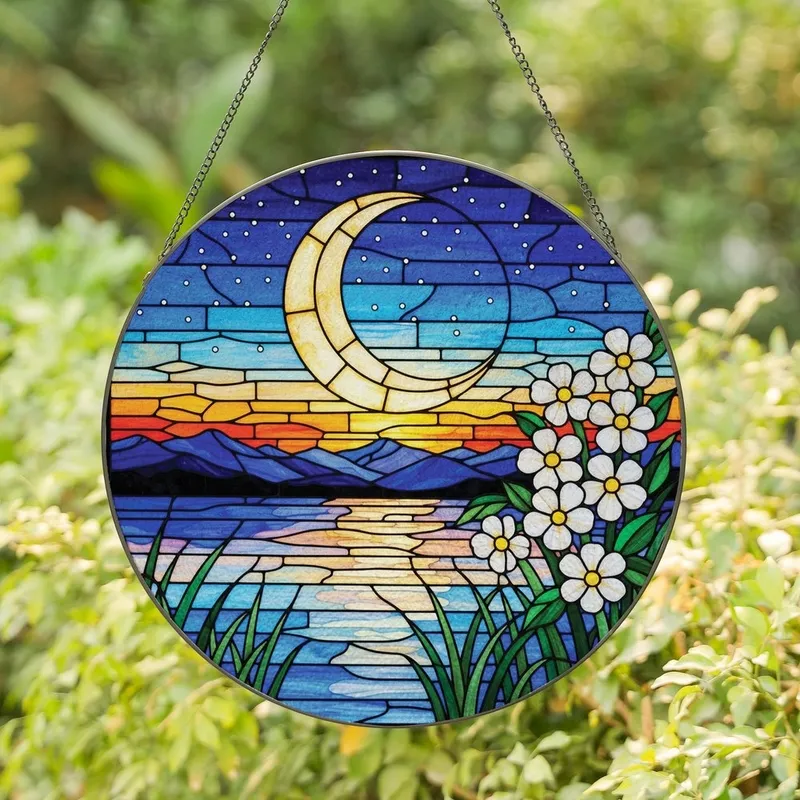 Art Lovers' Tiffany Style Stained Glass Crescent Moon Starry Night Water Reflection Blue Golden Orange Mosaic Stained Glass Suncatcher - 1
