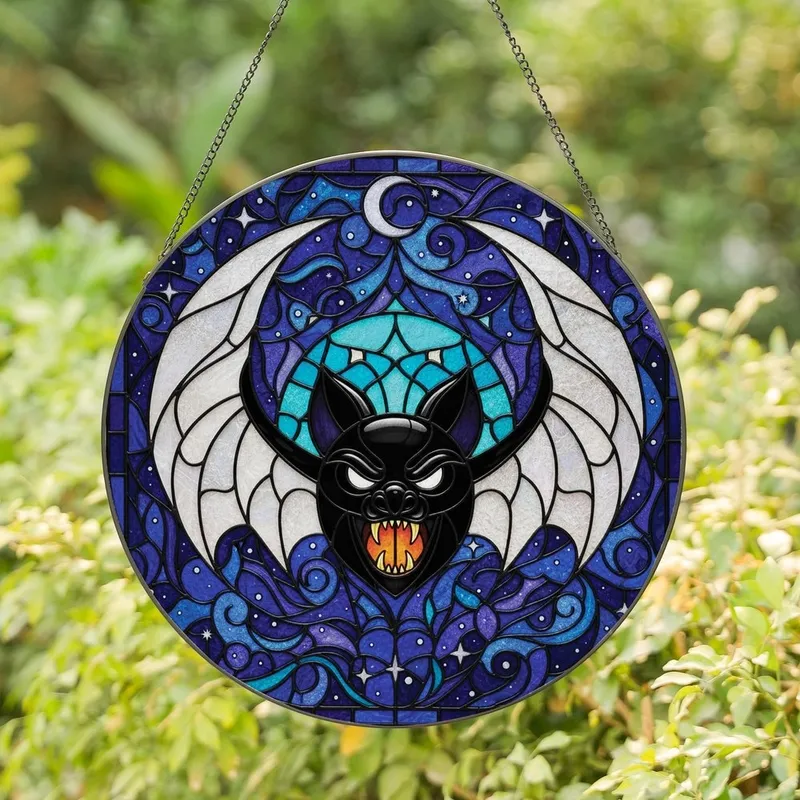 Halloween Lovers' Tiffany Stained Glass Angry Bat Teal Iridescent Wings Deep Blue Purple Celestial Mosaic Stained Glass Suncatcher - 1