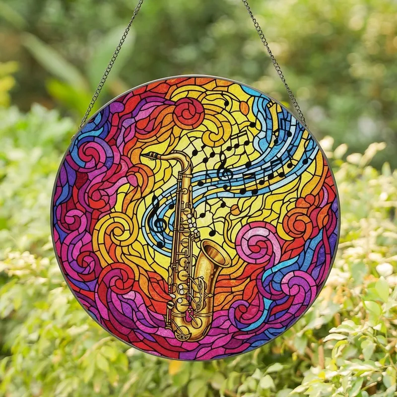 Music & Art Lovers' Vibrant Tiffany Stained Glass Saxophone Jewel Tone Sound Wave Design Stained Glass Suncatcher - 1